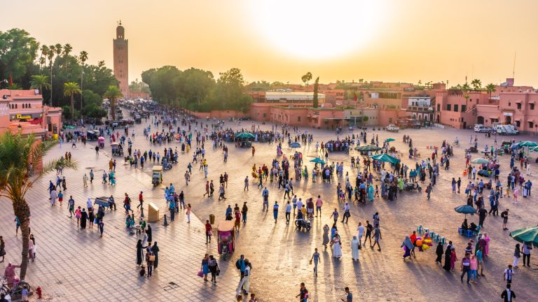 Marrakech,,Morocco,,September,3,2018:,Sunset,Over,The,Big,Crowd
